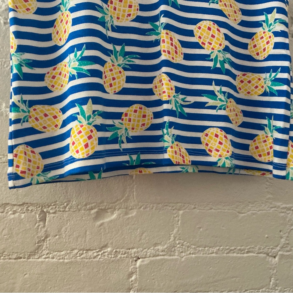 NWT Womens Blue Striped Top 100% Cotton Yellow Pineapple Print Tropical Summer L - Picture 5 of 11